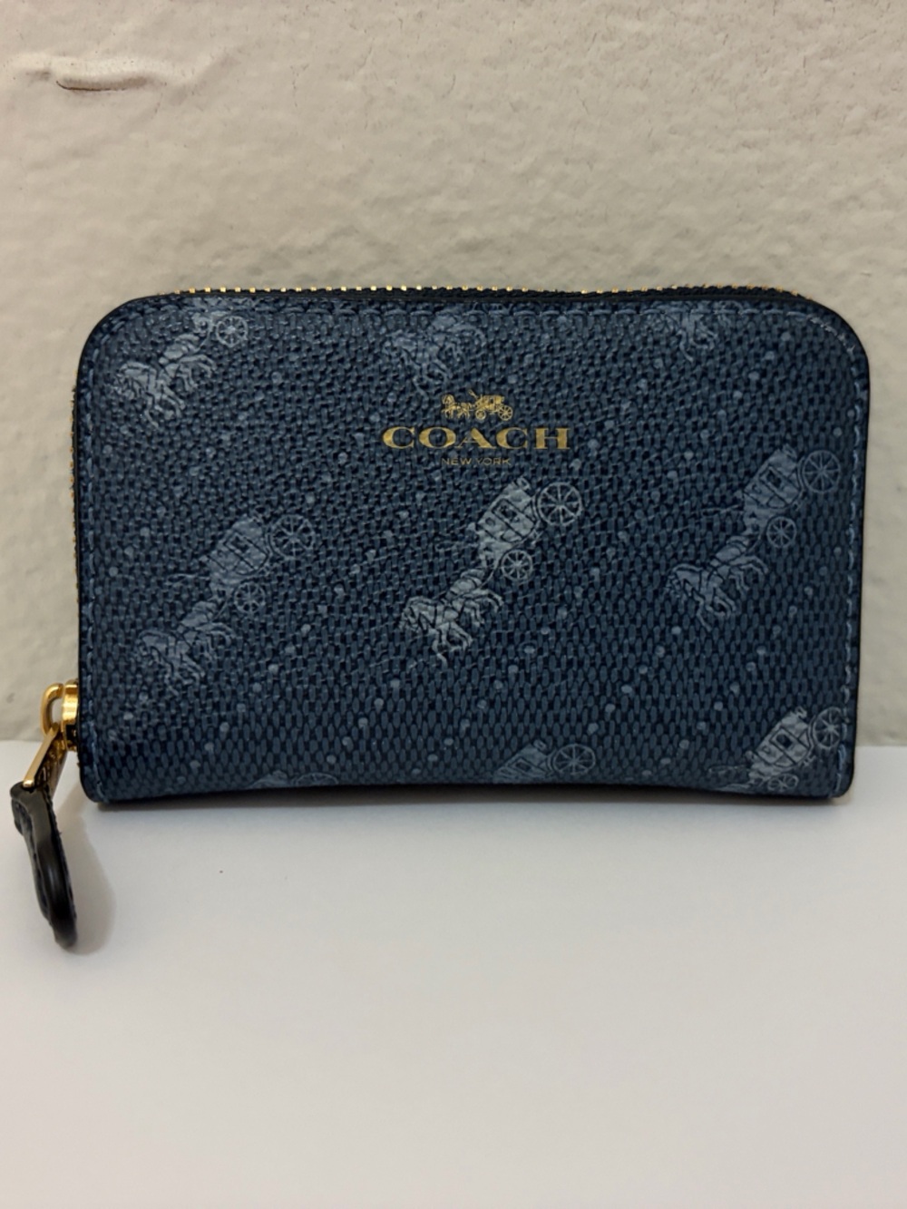 Coach Navy Carriage Print Zip Card Wallet with Gold Hardware
